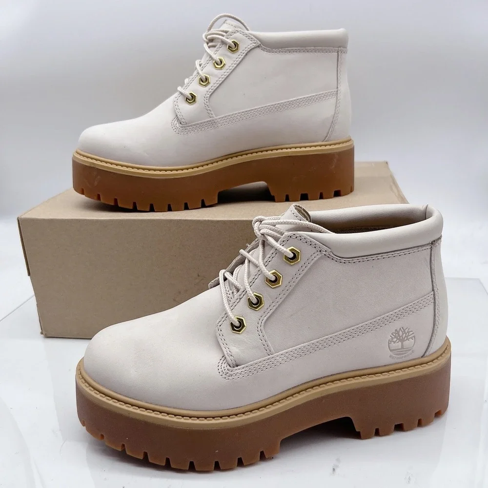 Timberland Stone Street Platform Mid Waterproof Chukka Boots White Nubuck US 7